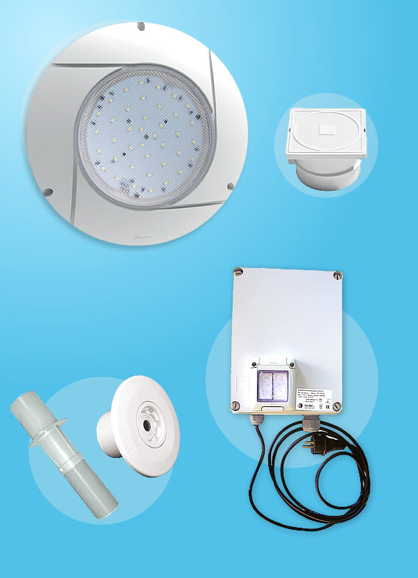 Kit proiettore LED con trasformatore per piscine in cemento da avvitare su bocchetta
