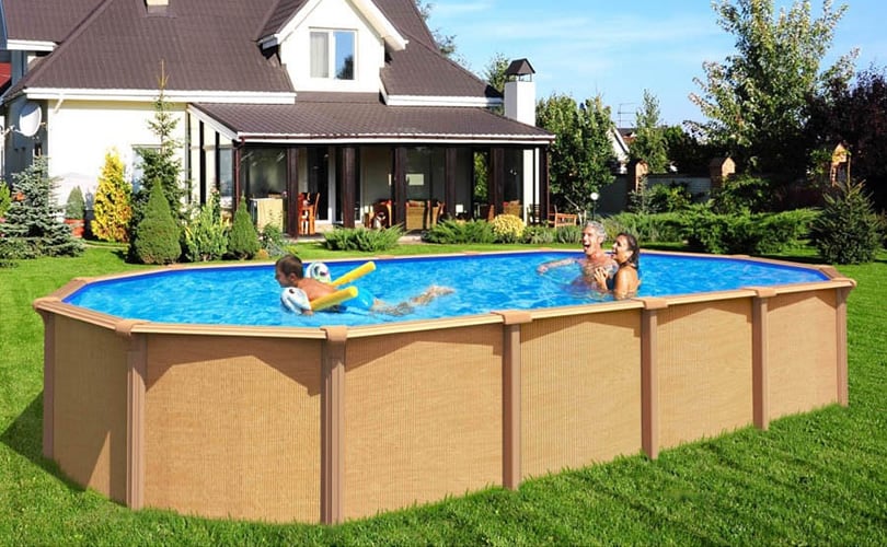 Piscina fuori terra in acciaio Osmose colore effetto legno liner sabbia