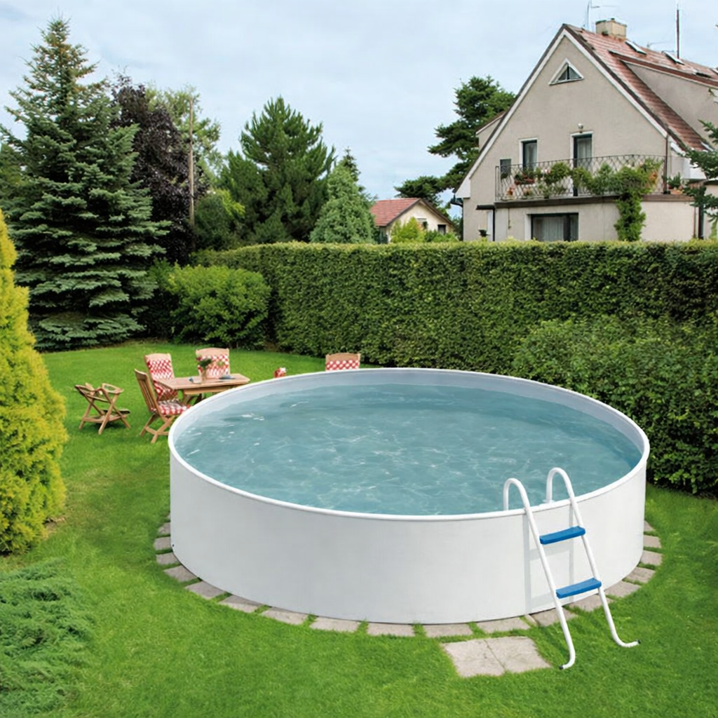 Piscina fuori terra con bordo integrato vicino a decking in legno, esempio estetico per giardino moderno - 360 bianca