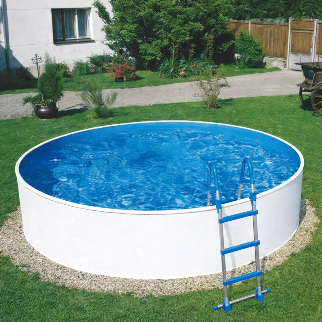 Piscina fuori terra in giardino con pavimentazione e area relax, esempio di installazione familiare estiva - 460 bianca