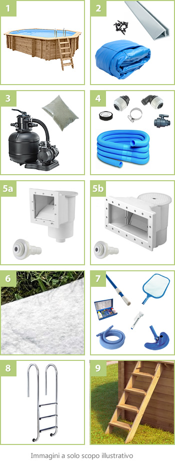 Kit piscina in legno fuori terra da esterno Jardin 607: compreso nel kit - versione Liner azzurro