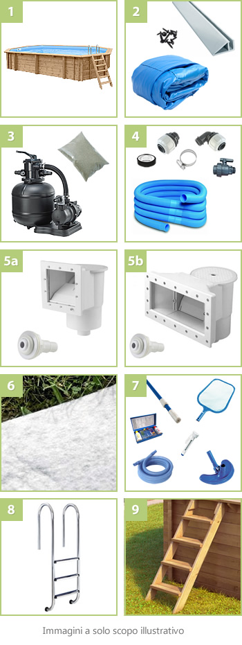 Kit piscina in legno fuori terra da esterno Jardin 814: compreso nel kit - versione Liner azzurro