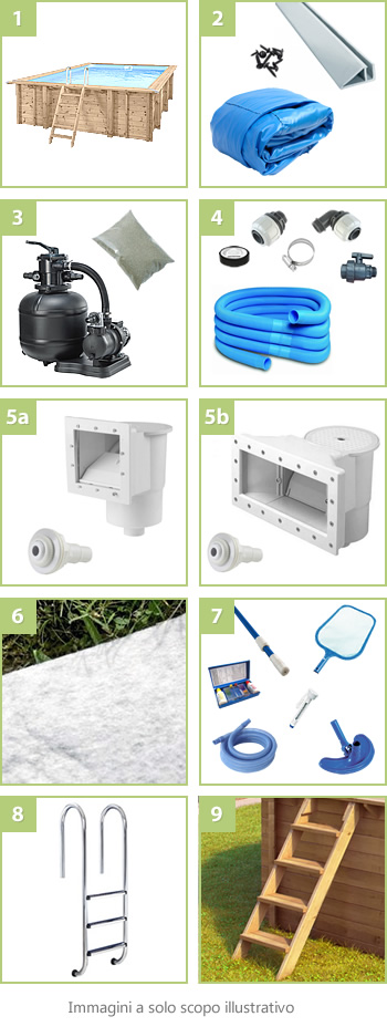 Kit piscina in legno fuori terra da esterno JARDIN CARRE 470: compreso nel kit - versione Liner azzurro
