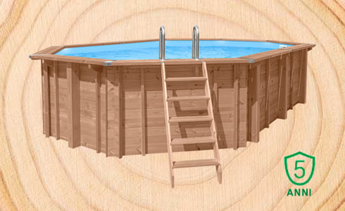 Piscina in legno fuori terra esagonale Jardin 434: qualità e Sistema a incastro facilitato per una lunga durata.