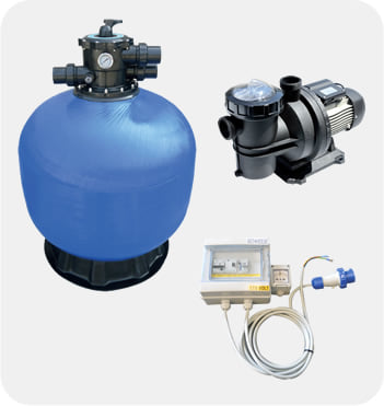 Specifiche dei componenti del kit piscina interrata economica in pannelli d'acciaio con montaggio rapido FAST POOL 8x4 h. 135 cm: la pompa, il filtro a sabbia e il quadro elettrico