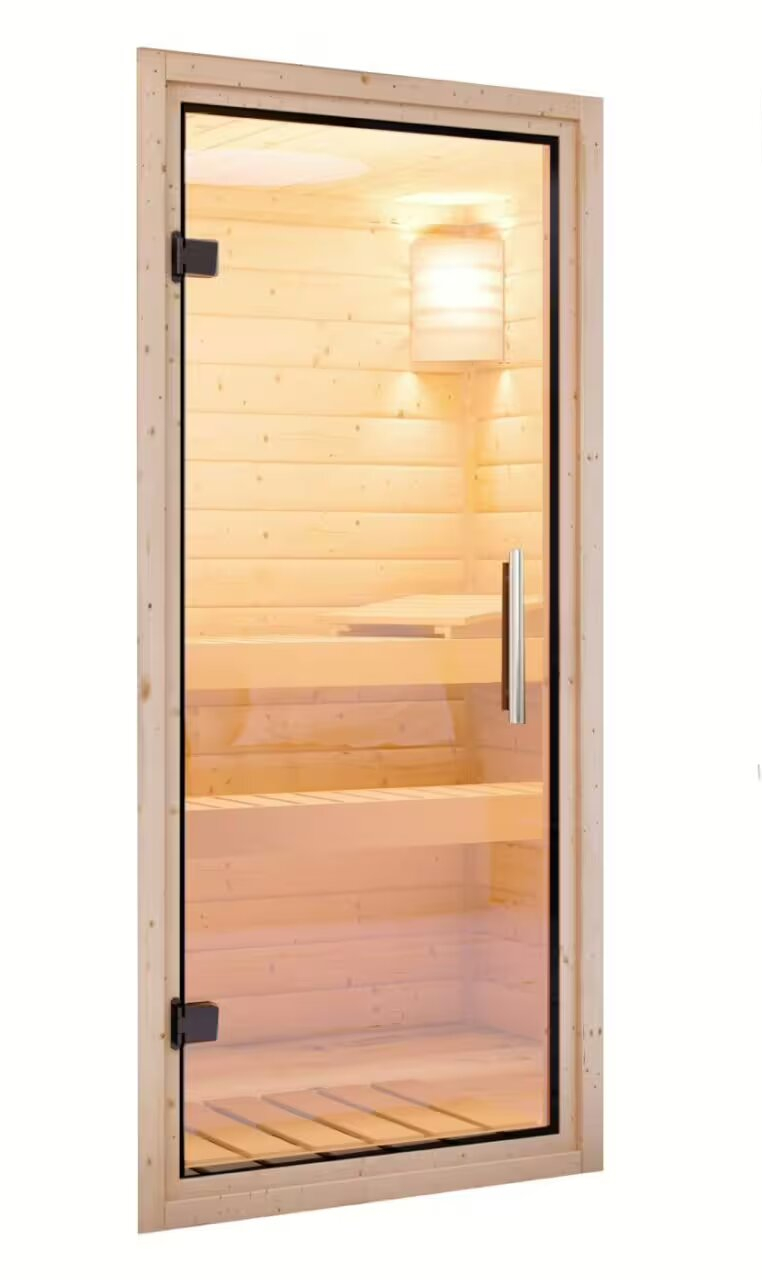 Porta sauna coibentata per esterni in legno massello con vetro bronzato e maniglia design
