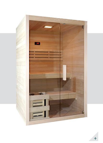 Vista interna sauna finlandese Aria 120 con struttura in legno e panche