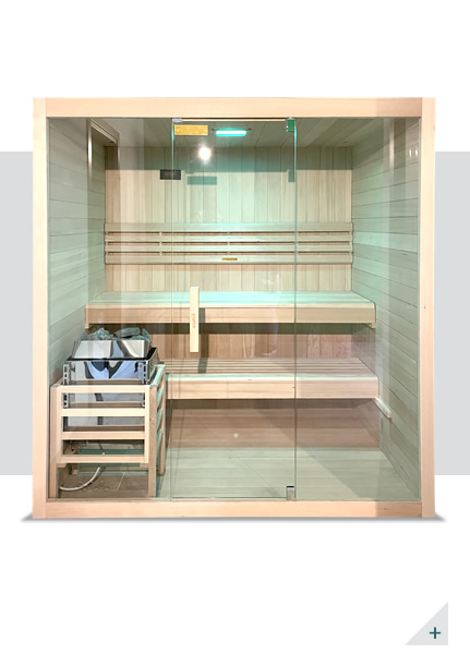 Vista interna sauna Aria 180 BIG con struttura in legno e panche (180x130)