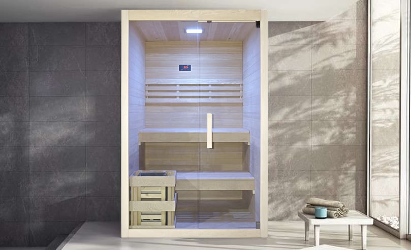 Sauna finlandese Aria 120 in abete rosso con porta in vetro temperato