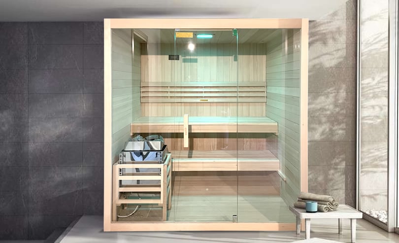 Sauna finlandese Aria 180 BIG in abete rosso con porta in vetro temperato (180x130 cm)