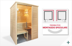 Sauna finlandese da interno in legno con porta in vetro temperato vista frontale