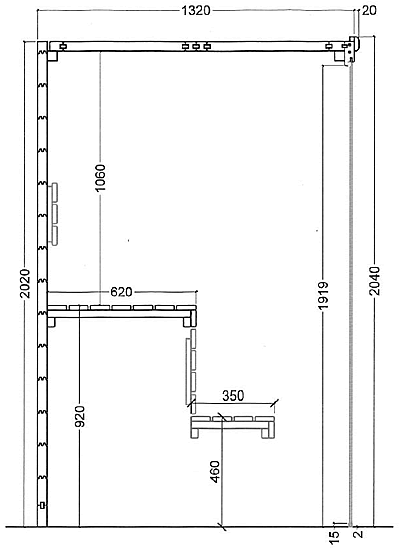 Sezione laterale tecnica sauna finlandese da interno altezza 204 cm