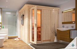 Sauna finlandese classica Anastasia coibentata con porta coibentata in legno e vetro con cornice LED