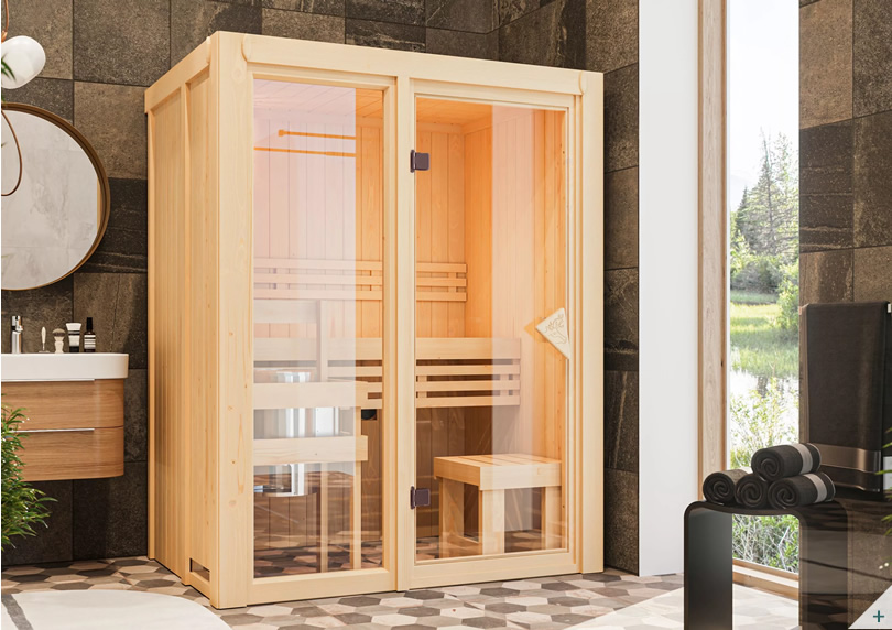 Sauna finlandese coibentata Ava 1 68 mm con porta in legno e vetro bronzato – cover