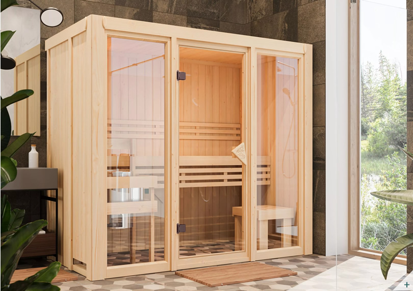 Sauna finlandese coibentata Ava 2 68 mm con porta in legno e vetro bronzato – cover