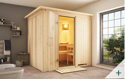 Sauna finlandese classica Dina coibentata con porta in vetro TRASPARENTE con cornice LED