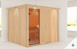 Sauna finlandese classica Eleonora coibentata con porta in vetro BRONZATO con cornice LED
