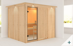Sauna finlandese classica Eleonora coibentata con porta in vetro TRASPARENTE con cornice LED