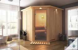 Sauna finlandese classica Gelsomina coibentata con porta in vetro TRASPARENTE con cornice LED