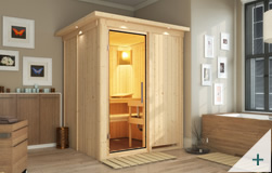 Sauna finlandese classica Rina coibentata con porta in vetro TRASPARENTE con cornice LED