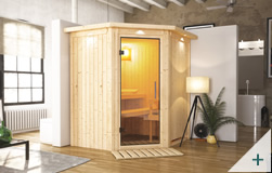 Sauna finlandese classica Teresa coibentata con porta in vetro TRASPARENTE con cornice LED