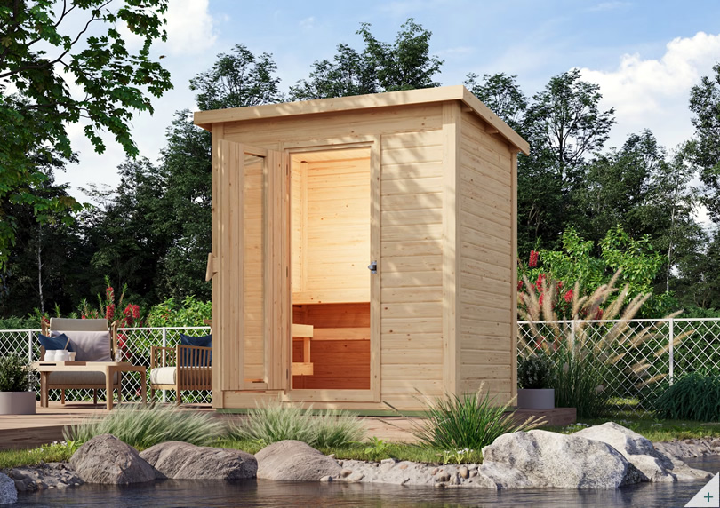 Sauna finlandese da giardino per esterno in abete naturale, pareti 38 mm, porta coibentata in vetro bronzato, cabina outdoor compatta