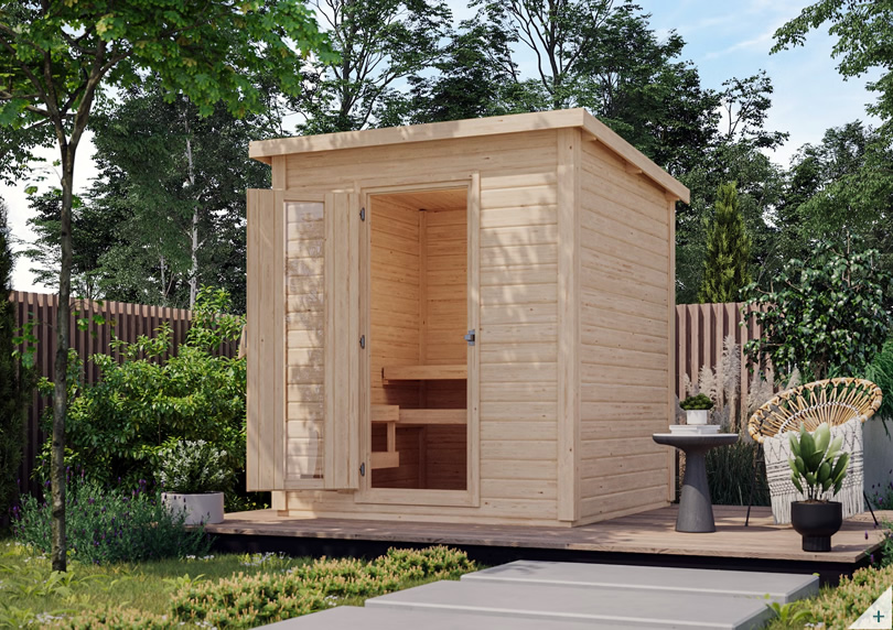 Sauna finlandese da giardino per esterno in abete naturale, pareti 38 mm, cabina outdoor 196×196 cm con porta coibentata in vetro