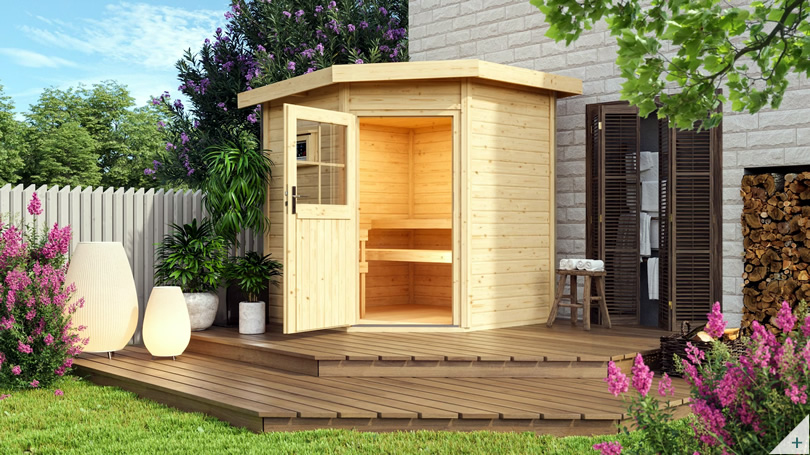 Sauna finlandese da esterno per giardino in abete nordico, cabina legno massello con tetto sporgente e porta isolante - vista frontale