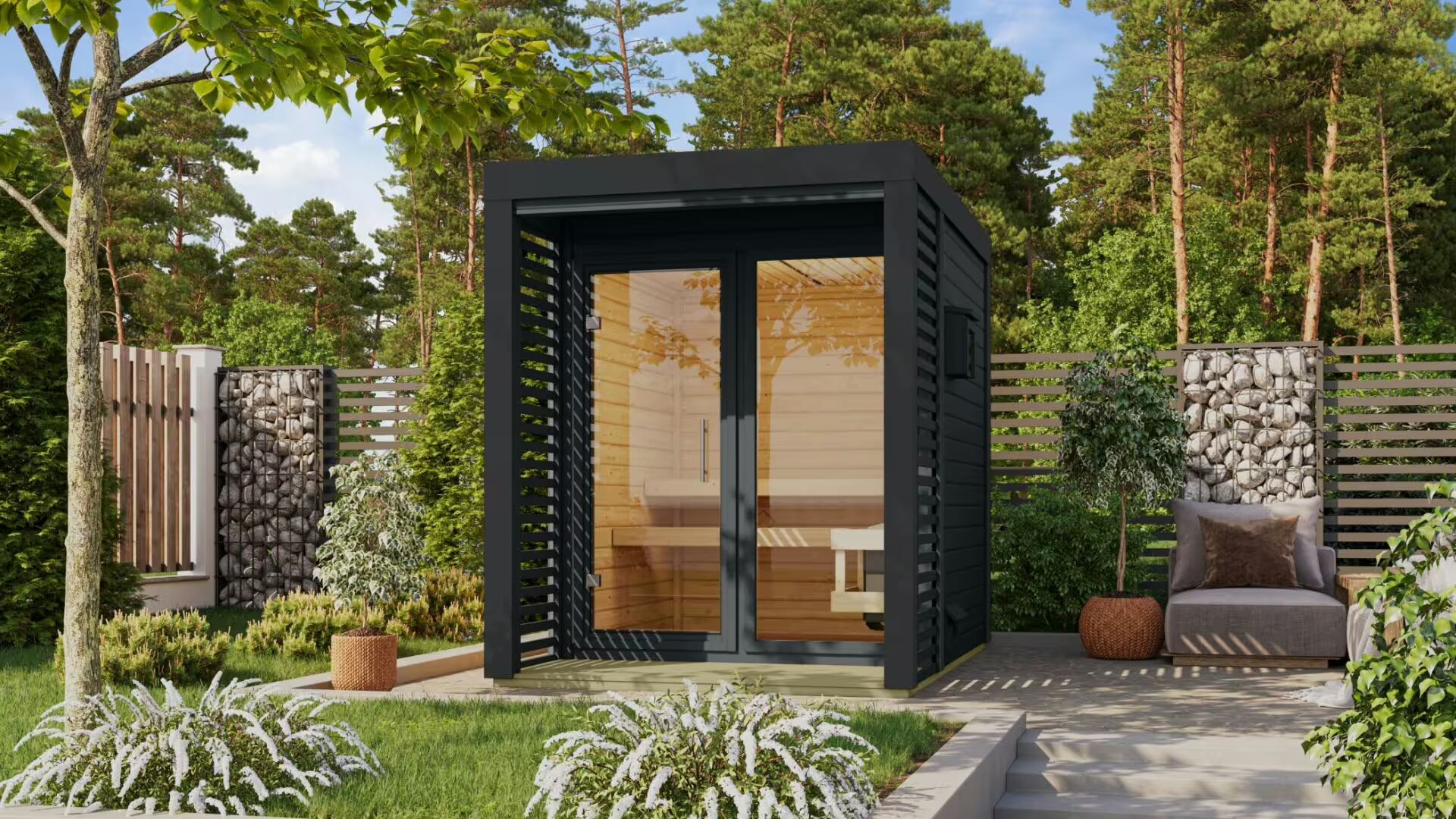 Sauna finlandese da giardino nera con pareti in abete nordico 38 mm e porta vetro bronzato – cabina outdoor per benessere e relax