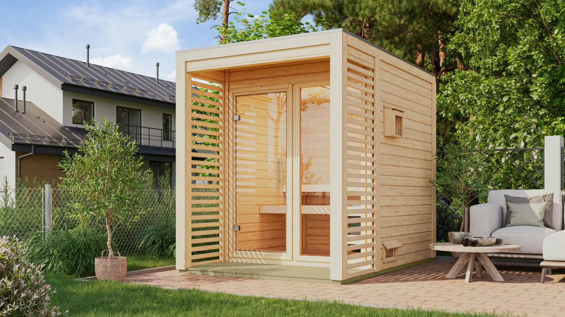 Sauna finlandese da giardino in legno di abete nordico con porta coibentata e vetro temperato – cabina esterna per uso domestico