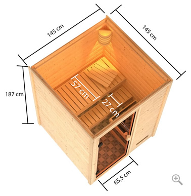 Sauna finlandese da interno in kit – vista dall’alto, pareti 38 mm, legno abete, layout cabina