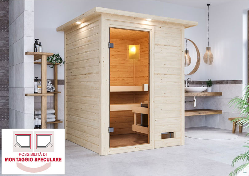 Sauna finlandese da interno in kit – legno abete 38 mm, porta vetro bronzato – cabina domestica, montaggio facile – cover