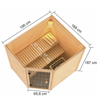 Sauna Finlancese tradizionale in kit Elsa in legno massello di abete 38 mm: dimensioni in vista prospettica