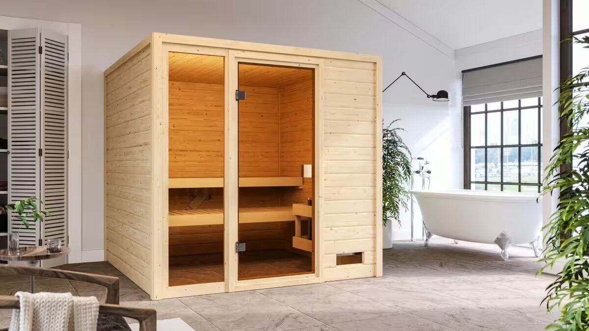 Sauna Finlancese classica da casa in kit in legno massello di abete 38 mm Franci con porta in vetro bronzato - COVER