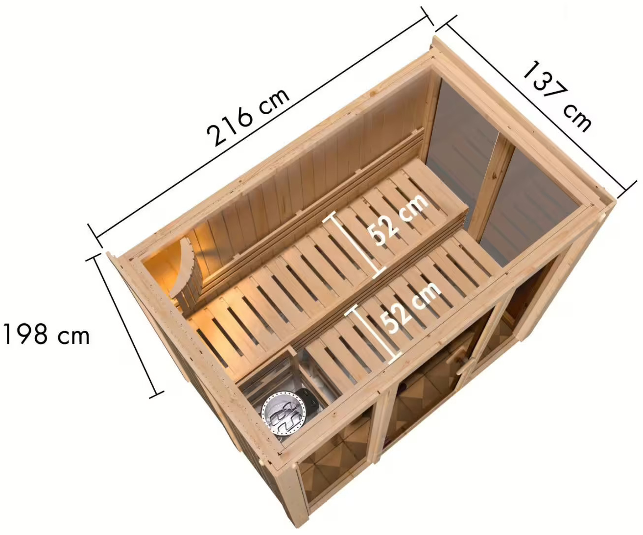 Sauna Finlancese classica da casa in kit in legno massello di abete 68 mm Irene 3 - sezione vista dall'alto