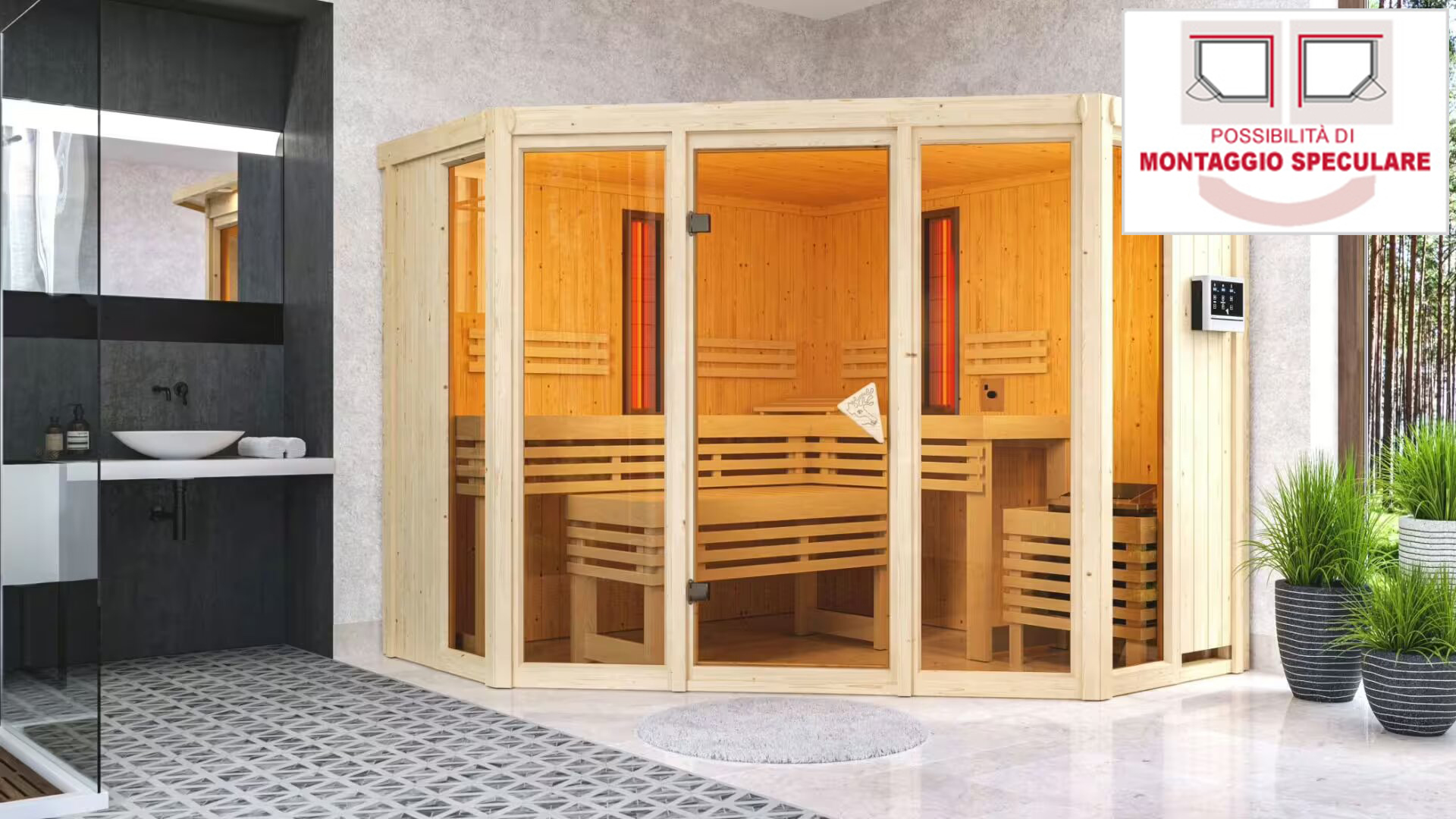 Sauna combinata finlandese e a infrarossi da interno per casa, pareti coibentate 68 mm in abete nordico, ampia vetrata bronzata