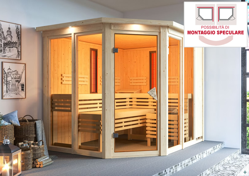 Sauna multifunzione finlandese e a infrarossi da interno per casa, pareti 68 mm in abete, vetrata bronzo, combinata stufa e radiatori IR