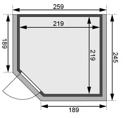 Sauna finlancese classica da casa in kit in legno massello di abete 40 mm Mara Luxe da interno con cornice LED sezione vista dall'alto