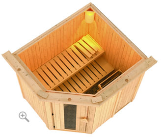 Sauna finlandese classica Lina coibentata con cornice LED sezione vista dall'alto