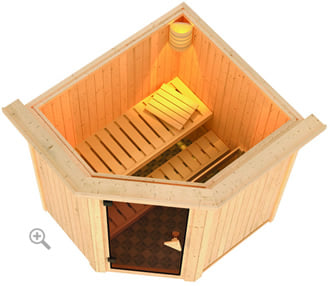 Sauna finlandese classica Teresa coibentata con cornice LED sezione vista dall'alto