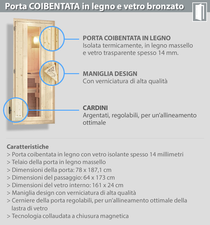 Sauna finlandese classica Variado coibentata - Porta coibentata in legno e vetro - dettaglio