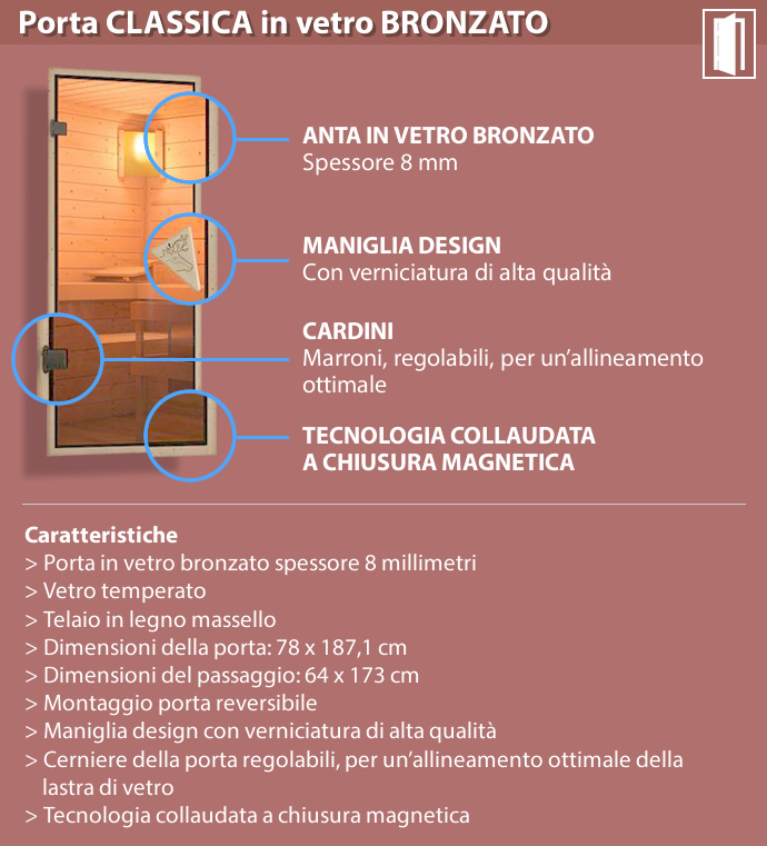Sauna finlancese classica da casa in kit in legno massello di abete 40 mm Mara Luxe da interno: Porta classica in vetro bronzato - dettaglio