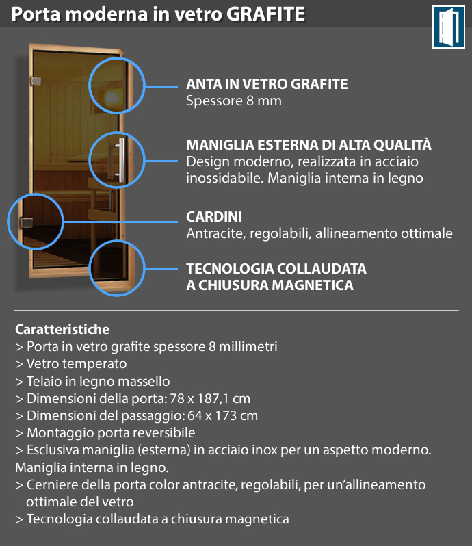 Sauna finlandese classica Eleonora coibentata - Porta moderna in vetro grafite - dettaglio