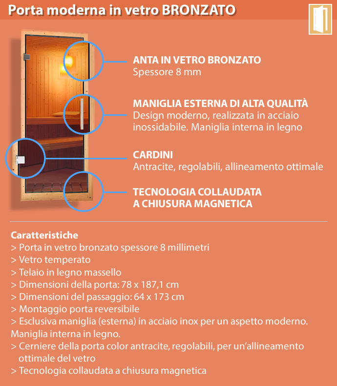 Sauna finlandese classica Variado coibentata - Porta moderna in vetro bronzato - dettaglio