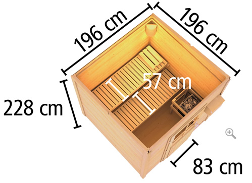 Schema sauna da esterno con anticamera: vista dall’alto, ingombri 196×196 cm, interno 184×184 cm, altezza 190–228 cm, tetto 232×177 cm