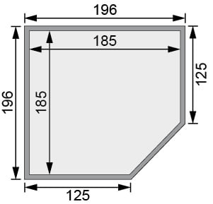 Sauna finlandese da giardino: misure esterne 196x196 cm, interno 185x185 cm, altezza 226 cm, ingombro tetto 227x227 cm
