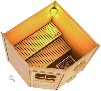 Sauna da giardino in legno: pianta dall’alto con disposizione panche, porta e stufa, pareti 38 mm