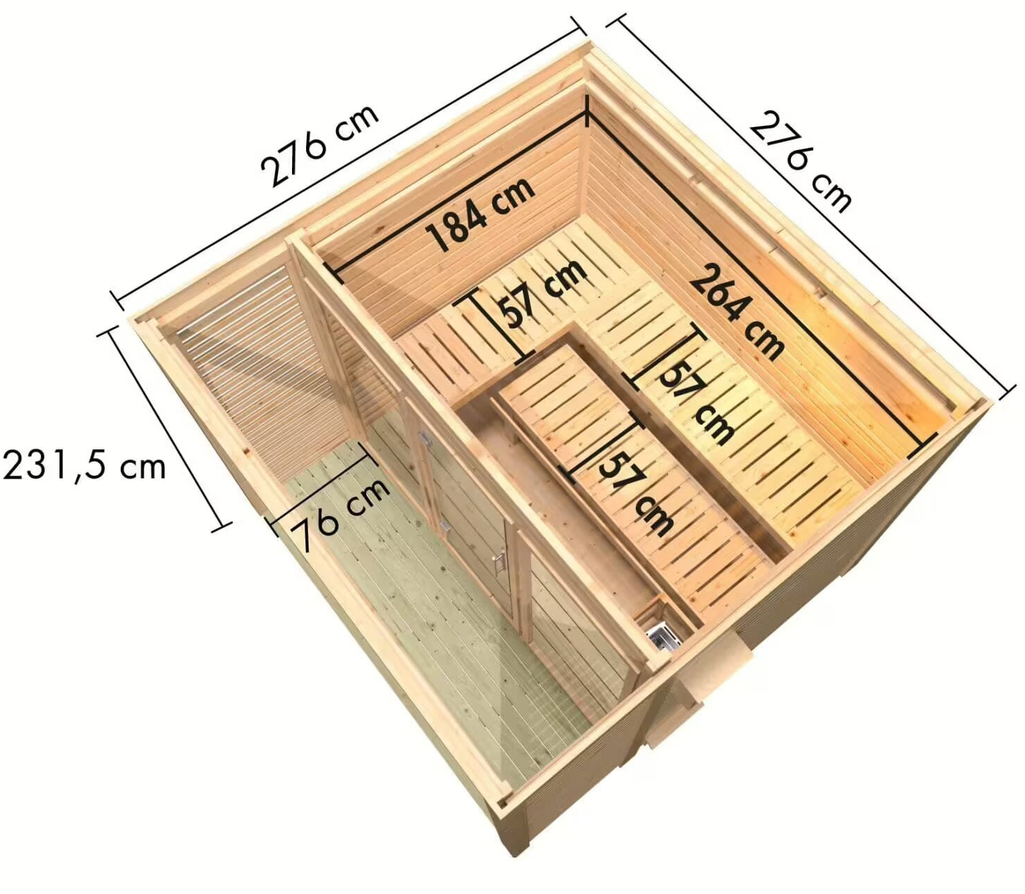 Pianta quotata sauna da giardino con anticamera: dimensioni esterne 276x276 cm e distribuzione panche – schema tecnico
