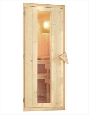 Porta coibentata per sauna: legno massello e vetro bronzato, chiusura magnetica, cerniere regolabili, risparmio energetico