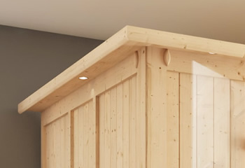 Sauna finlancese classica da casa in kit in legno massello di abete 40 mm Mara Luxe da interno: Cornice del tetto con luce LED opzionale